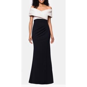 Betsy & Adam Off the Shoulder Scuba Crepe Gown Champagne/ Black New Size 6